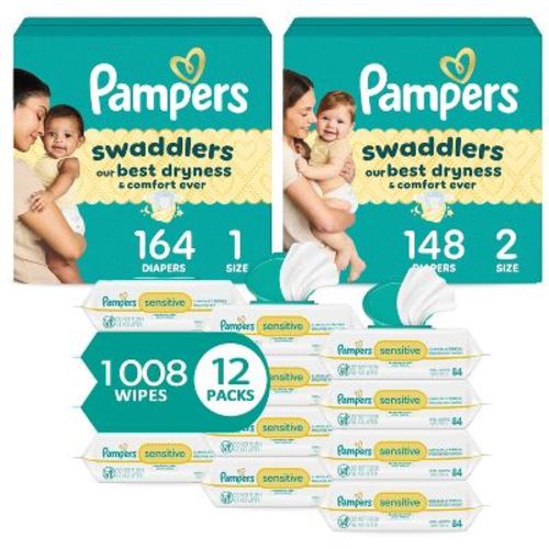 Pampers Swaddlers Sensitive Disposable Diapers Size 1 - 164ct + Size 2 - 148ct + Sensitive Baby Wipes - 1008ct