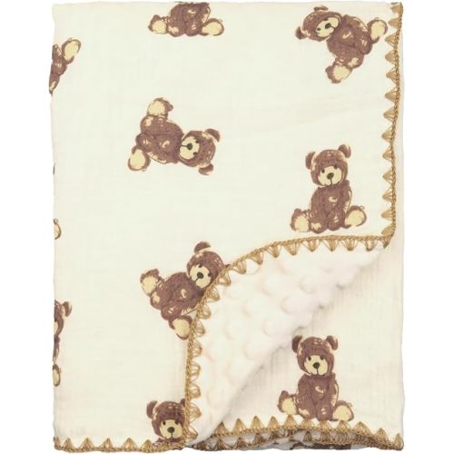 Baby Blanket 40x40 Inches,Muslin Cotton and Minky Dotted Double Layer Soft Receiving Blanket for Newborn Toddler,Cuddle Bear