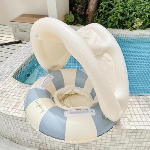 Baby Swimming Ring Inflatables with Detachable Canopy Sun Protection, Stripy Cartoon Float Seat with Handles for Boys Girls 40 lbs