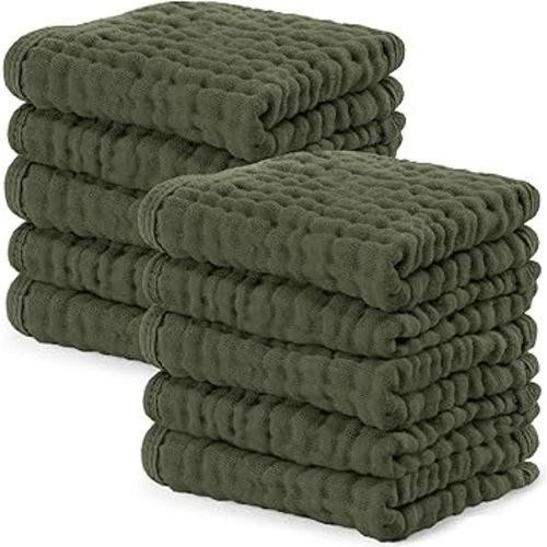 Comfy Cubs Muslin Baby Washcloths 10 Pack - Soft 6-Layer Cotton Wash Cloths for Sensitive Skin - 10"x10" Large, Gentle, Absorbent Infant Essentials for Newborn and Toddlers - Kelp