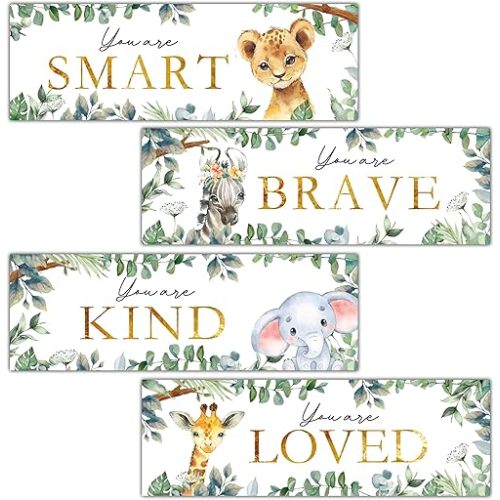 4 Pieces Kids Room Wall Decor Wooden Sign, 11.8" x 3.9" Jungle Animals Motivational Wall Art for Kids Room Nursery Playroom Classroom, You are Loved/Brave/Kind/Smart-A06
