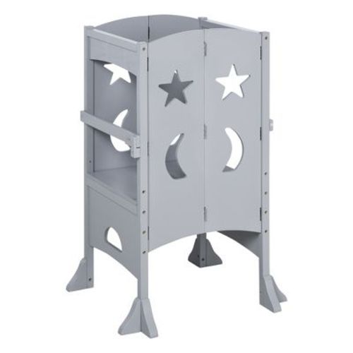 Qaba Kitchen Step Stool for Kids Wooden Foldable Helper Stool with Support Handles Safety Rail Cooking Stool Stand for Toddler Kitchen Bathroom Counter Step Non-Slip