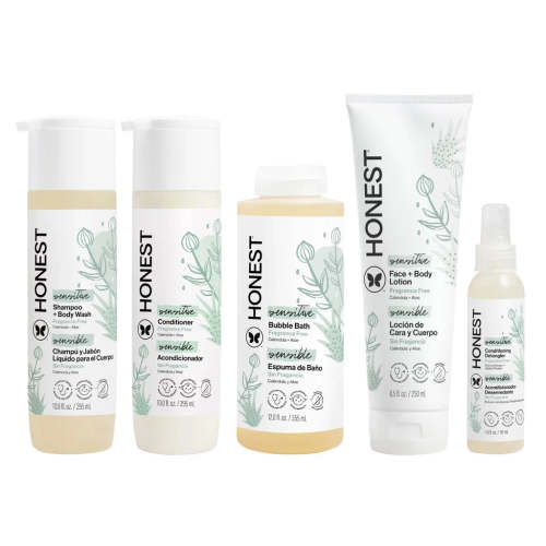 The Honest Company Sensitive Conditioner10 fl oz + Face & Body Lotion8.5 fl oz + Bubble Bath12 fl oz + Detangler4 fl oz + Shampoo + Body Wash 10 fl oz