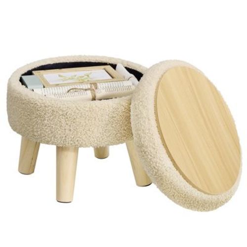 SONGMICS Storage Ottoman, Foot Stool, Round Ottoman with Padded Seat, Foot Rest with Wood Legs, Small Table, 12.2 Inches, Teddy Fleece, Summer Sand