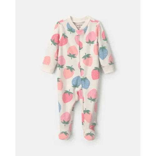 Baby Girl 2-Way Zip Strawberry Cotton Sleep & Play Pajamas - Cream/Blue/Coral | Carter's