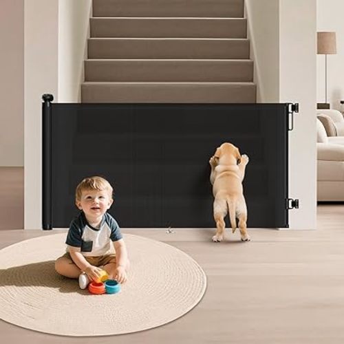 Retractable Baby Gates for Stairs, 55"Wide x 34"Tall Mesh Baby Gate with Anti-Crawling Hook, Adjustable Baseboard Bracket, Child Gate for Hallways, Doorways, Kitchen, Indoor & Outdoor, Black