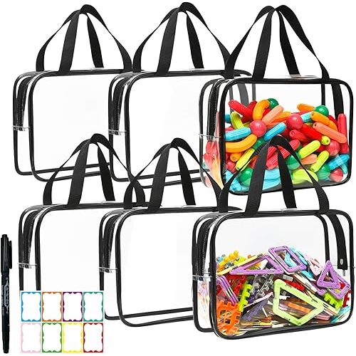 Toy Storage Bags - 6 Packs Toy Storage Organizer with Labels & Pen for Kids, Reusable Clear PVC Board Game Storage with Zipper, Waterproof Travel Bags for Building Blocks, Puzzles (Black)
