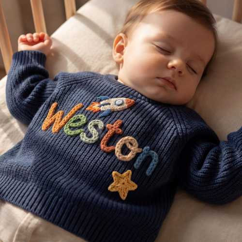 Personalized Hand-Embroidered Space Sweater | Custom Knit Baby Outfit