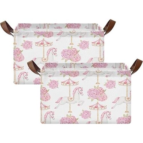 Cute Carousel Horse with Pink Flower Baby Storage Basket with Label&Handles Rectangular Waterproof Nursery Storage Bins Collapsible Shelf Organizer Baskets for Kids Books Cloth Gift Toys Laundry, 2 PC