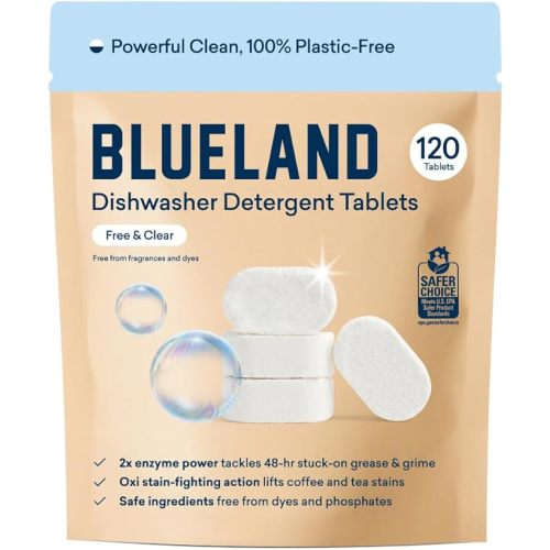 BLUELAND 100% Plastic-Free Dishwasher Detergent Tablets, 120 Count, Free & Clear, Eco-Friendly Dishwashing Pods, Natural, USDA Certified biobased