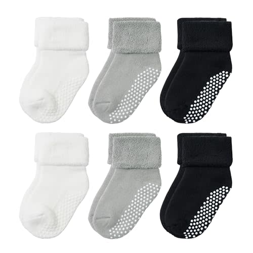 VWU Baby Toddler Kids Ankle Crew Socks with Grips Unisex Warm Thick Cotton Winter Socks 0-10 Years 6/8 Pack