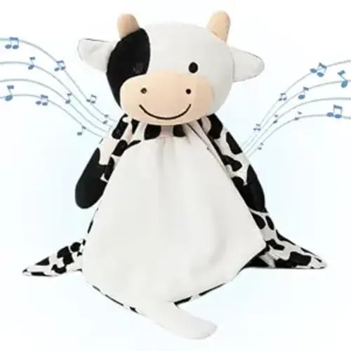 Love By Emi - White Noise Lullaby Baby Sleep Soother Lovey - Plush Baby Sleep Aid Animal Toy - Lullaby Sound Machine & Pacifier Clip - Stuffed Animal with Heartbeat - Cow Security Blanket