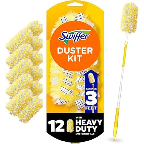 Swiffer Duster Kit with 3 ft Extendable Handle, Dusters for Cleaning, Set Includes 1 Extension Pole and 12 Heavy Duty Dusting Refills Dust Cleaner, Long Extended Wand for Ceiling Fans and Walls