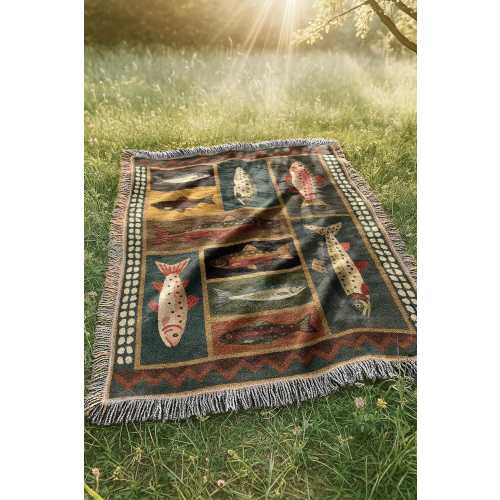 Mountain Fish Woven Blanket | Dark Western Folk Lodge Cabin Tapestry | Rustic Country Salmon Trout Throw Blanket