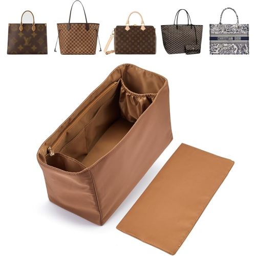 Nylon Purse Organizer Insert Water-Repellent Tote Bag Organizer with Base Shaper for Handbag (Brown, X-Large)