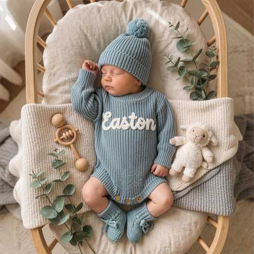 Hand Embroidered Name Baby Boy Romper Set, Baby Boy Romper, Personalized Baby Outfit, Coming Home, Organic Cotton Knit, Gender Neutral