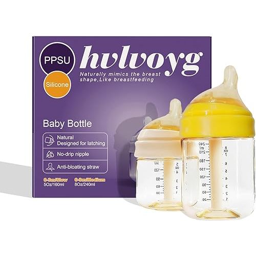 PPSU Baby Bottle, Newborn Bottles for Breastfeeding Babies, Anti-Colic, Natural Feel, Wide Neck Nipple﻿, Heat Resistant to 180°C/356°F, 5oz, 8oz, 0-6 Months, Equipped with 3 Silicone Nipples