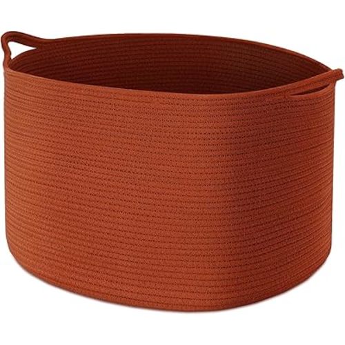 Maliton XXL Large Cotton Rope Basket Large Basket for Blankets, Towels, Pillows - Round Toy Basket with Pockets- Woven Laundry Basket with Handles - 20" x 20" x 13" Nursery Hamper Bin, Burnt Orange