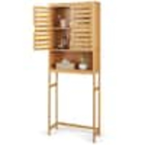 HONGGE Bamboo Over-the-Toilet Storage Cabinet with Adjustable Shelf Louvered Doors and Anti-Toppling Kit HD114HGHY470