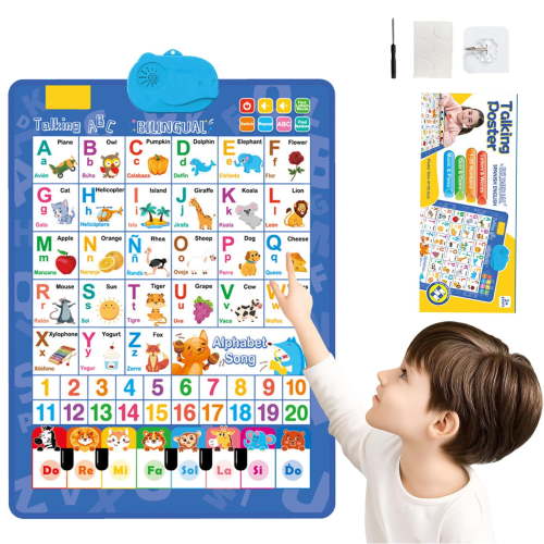 2025 Bilingual Talking Wall Chart for Kids - English & Spanish Learning Poster with ABCs Numbers Animals Piano Songs, Interactive Educational Toy for Toddlers 1-6 Years Old, Touch & Learn Blue Design
