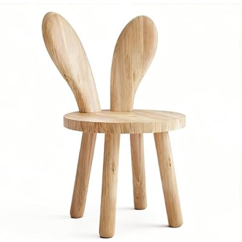 Solid Wood Rabbit Chair for Kids & Toddlers, Cute Bunny Wooden Chair for Playroom Bedroom, Sturdy Rubber Wood Stool, Easy Assembly - 1 Pack (Single Chair)