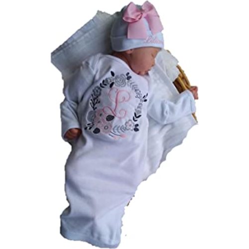 Newborn Baby Girl Coming Home Outfit Personalized Layette Gown with Beanie Baby Girl Shower Gifts (White/Pink) (0 to 3 Months)