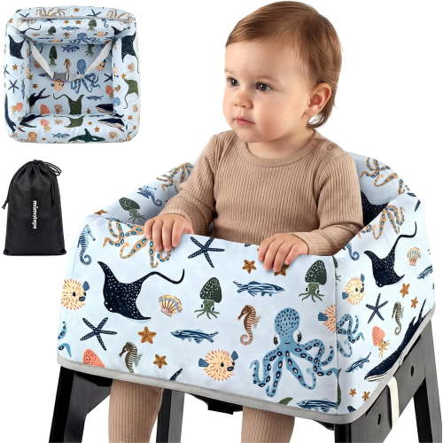 Reusable Baby High Chair Cover with Strap Pads & 2-Point Harness, Waterproof Washable Portable Seat Liner for Wooden High Chairs, Blue Ocean