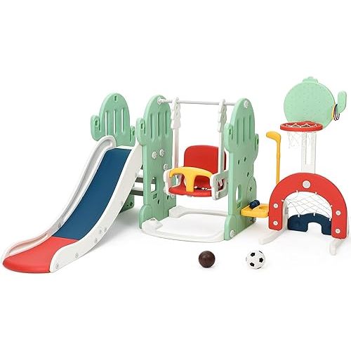 7 in 1 Toddler Slide and Swing Set, Kids Freestanding Slide Climber with Adjustable Swing and Basketball Hoop, Soccer Golf and Ring Toss Game, Indoor Outdoor Playset for Toddlers Age 1-3