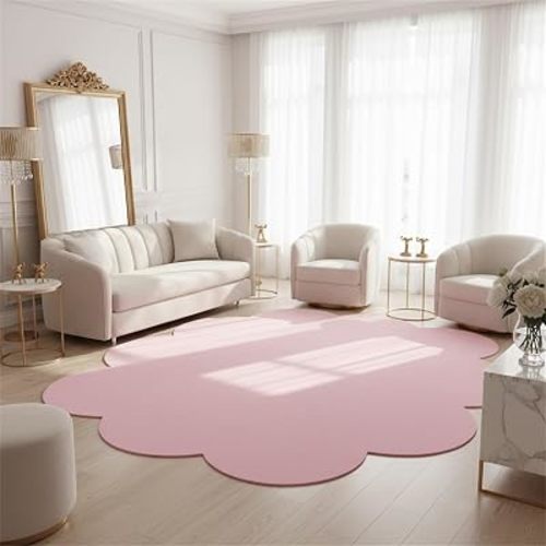 Modern Minimalist Oval Scalloped Rug 3x5 for Living Room Bedroom Dining Room Pink Solid Color Cloud Shaped Area Rugs Machine Washable Non Slip Soft Large Carpet Nursery Dorm Floor Mats Throw Rug