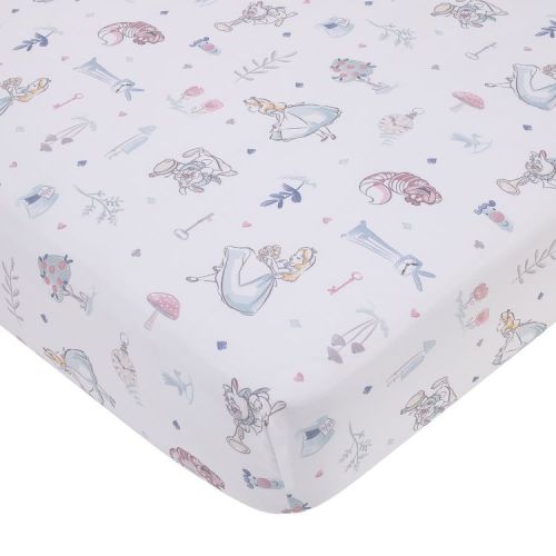 NoJo Disney Alice in Wonderland Light Blue, Pink, and White, Rabbit, and Cheshire Cat Super Soft Nursery Fitted Crib Sheet