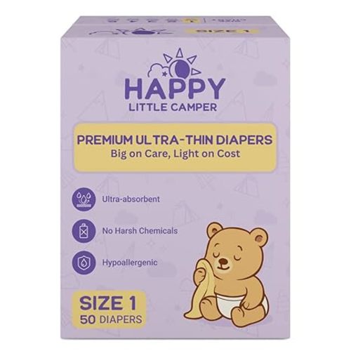 Happy Little Camper Premium Ultra-Thin Diapers, Size 1, <11 lbs, 50 Count | Ultra-Absorbent Disposable Baby Diapers for Sensitive Skin | Hypoallergenic, Fragrance-Free, Totally Chlorine Free
