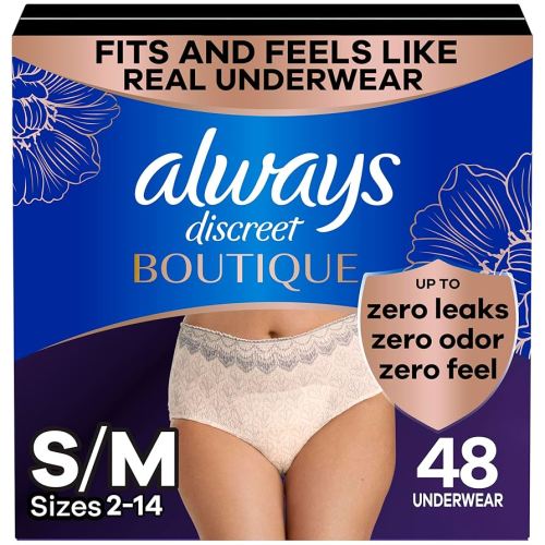 Always Discreet Boutique Incontinence and Postpartum Underwear for Women, Maximum Protection, S/M, Rosy, 12 Count x 4 Packs (48 Count Total) (Packaging May Vary)