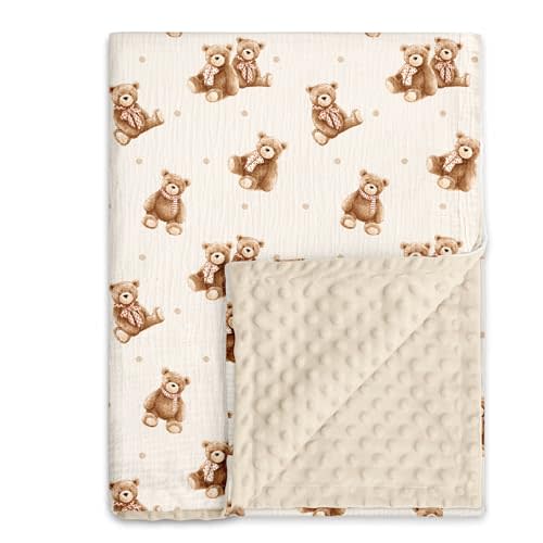 GLLQUEN BABY Muslin Baby Blankets for Boys & Girls, 2-Layer Toddler Blanket | Cotton Top with Dotted Fleece Back, Soft Receiving Blanket for Nursery Stroller Crib, 30''x40'', Bears