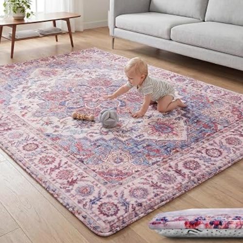 Huloo Sleep Baby Play Mat for Floor - 79x118 Inches 1.3" Thick Elasti-Foam Playpen Mat for Toddlers Infant Kids, Water-Repellent Nursery Rug, Non-Slip Backing for Crawling & Tummy Time, Boho Blue