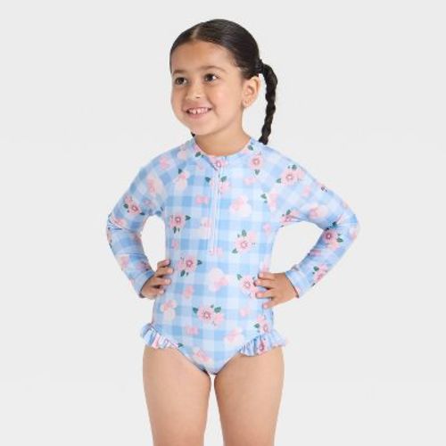 Toddler Girls' Disney Minnie Mouse Long Sleeve Floral Gingham Half Zip One Piece Rash Guard Swimsuit - Light Blue