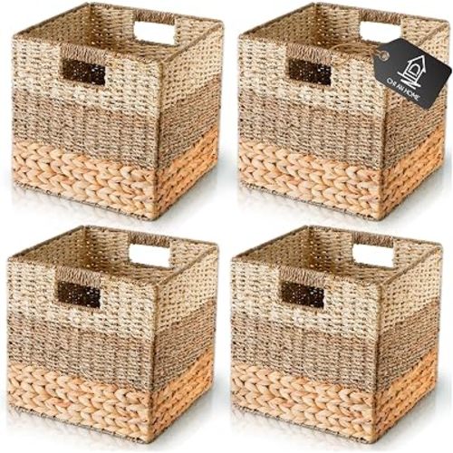 CHI AN HOME 11 Inch Cube Storage Bins, Wicker Storage Baskets for Cube Shelf, Natural Foldable Square Baskets for Storage, Large Woven Storage Bin with Handle, Baskets for Pantry, Living Room Set of 4