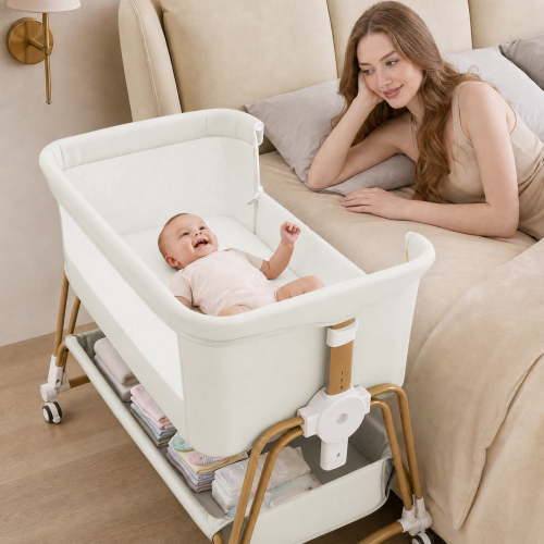 PRVAETU 4-in-1 Baby Bassinet & Bedside Sleeper for Babies,Cradle with 7-Level Height Adjustable,Wheels,Mattress for New mother,White
