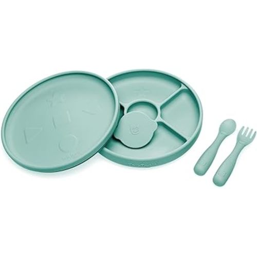 Talktools Bitsy Feeding Kid's Essentials Plate Set – Toddler Utensils, Spoon and Fork, Plate Lid, Perfect for Mealtime – Strong Suction Toddler Plates with 4 Compartments (Set-Sage)