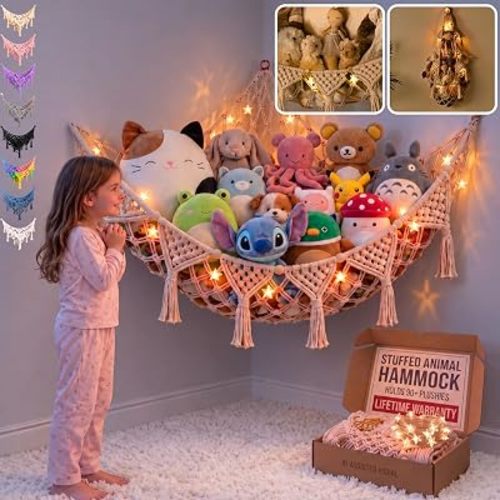TIDYTEDS Stuffed Animal Hammock Corner | Sturdy Handcrafted Stuffed Animal Net | 4mm Double Macrame Cord Stuffed Animal Holder | Natural 100% Cotton Plushie Net | Toy Hammock w/LED Light (Ice Cream)