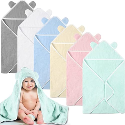 6 Pieces Baby Bath Towels 30 x 30 Inch Hooded Toddler Towel Bath Blanket Absorbent Coral Fleece Hooded for Toddler Infant Newborn Shower Gift Supplies(Multicolor)