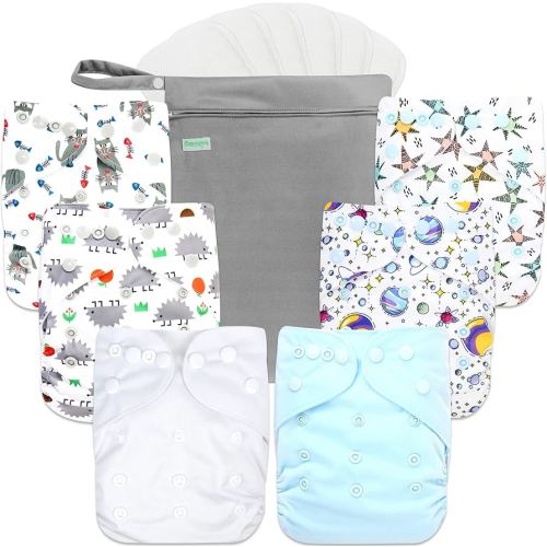 wegreeco Cloth Diapers 6 Pack with 6 Inserts & 1 Wet Bag, Washable Cloth Diapers for Babies, One Size Adjustable Reusable (Fantastic World)