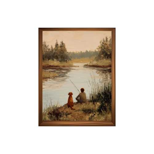 Vintage Boy Fishing Print: Rustic Lake Scene, Kids Room Decor (Digital Download)