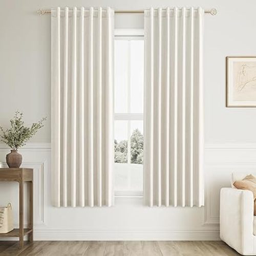 100% Blackout Linen Curtains for Bedroom 60 Inches Long Natural Cream Black Out Curtain Back Tab Thermal Insulated Room Darkening Window Drapes for Living Room 2 Panels Beige Ivory 52x60