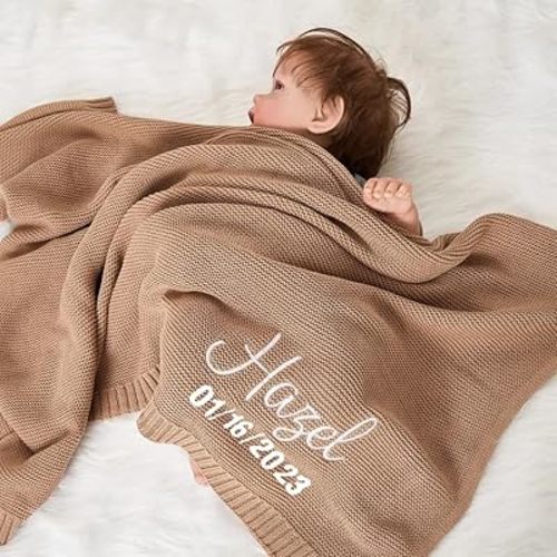 Embroidered Baby Blanket, Personalized Baby Blanket, Custom Knit, Gifts for Boy, Cozy Soft Cotton Knit Custom Name, Newborn Gifts, Birthday, Christmas, 13