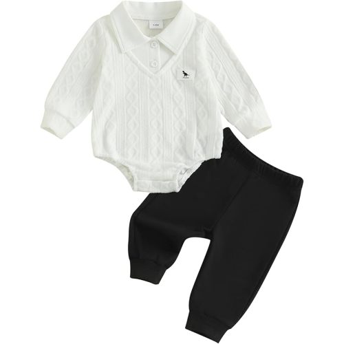 Infant Baby Boy Fall Winter Clothes Long Sleeve Lapel Collar Dinosaur Sweater Romper Bodysuit Pants 2PCS Outfits Set