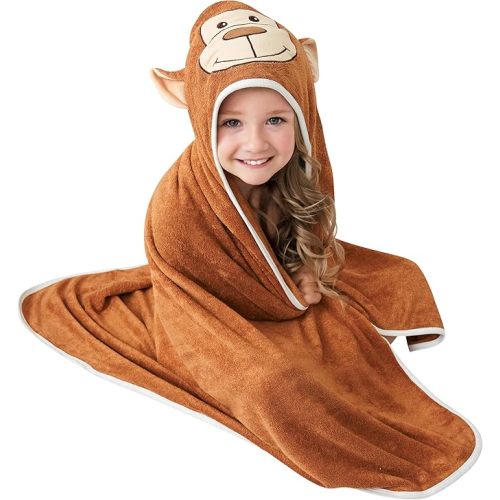 HIPHOP PANDA Hooded Towel - Rayon Made from Bamboo, Bath Towel with Bear Ears for Newborn, Babie, Toddler, Infant - Absorbent Large Baby Towel - Monkey, 30 x 30 Inch