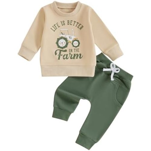 FOCUSNORM Toddler Baby Boy Fall Winter Outfit Excavator Embroidered Long Sleeve Sweatshirt Elastic Jogger Pant 2 Pcs Clothes