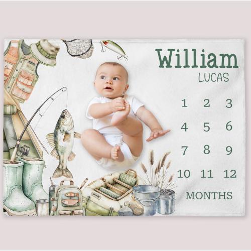 Fishing Milestone Blanket, Personalized Boat Baby Boy Month Blanket, Fish Nursery Custom Newborn Growth Tracker, New Mom Baby Shower Gift