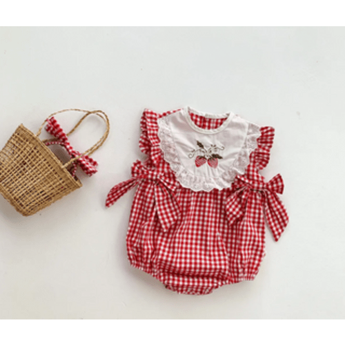 Strawberry Plaid Embroidered Romper | RYAN AND REMI