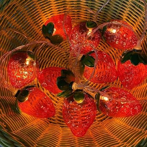 Veemoon Strawberry String Lights, LED Fairy Lamp Garland, 118 Inch Warm White Plastic Waterproof Battery Operated, Indoor Outdoor Room Kitchen Fruit Decor